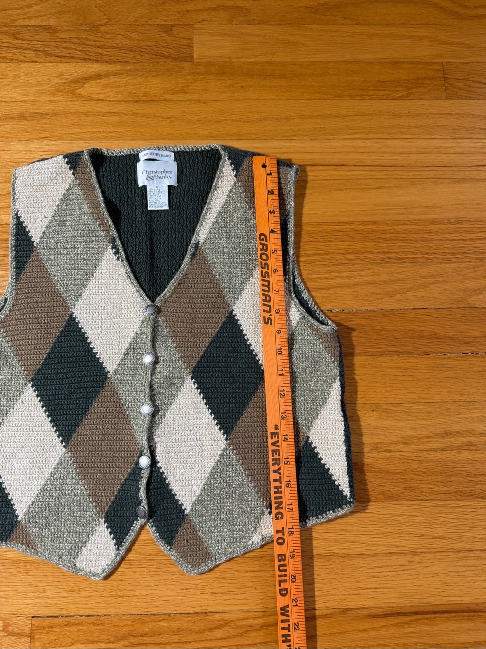Christopher & Banks 2000’s Olive Brown Argyle Hand Knit Vest Size S - Picture 5 of 5